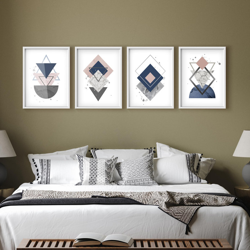 Ensemble de galerie d'art encadré, impression géométrique, bleu marine, rose et gris avec texture de marbre, décoration multicolore moderne pour le salon, le bureau, la chambre à coucher