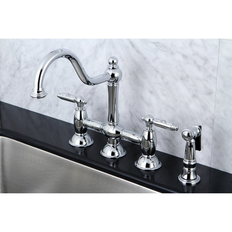 Kingston Brass Restoration Two-Handle 4-Hole Deck Mount Bridge Kitchen Faucet with Brass Side Sprayer, Polished Chrome