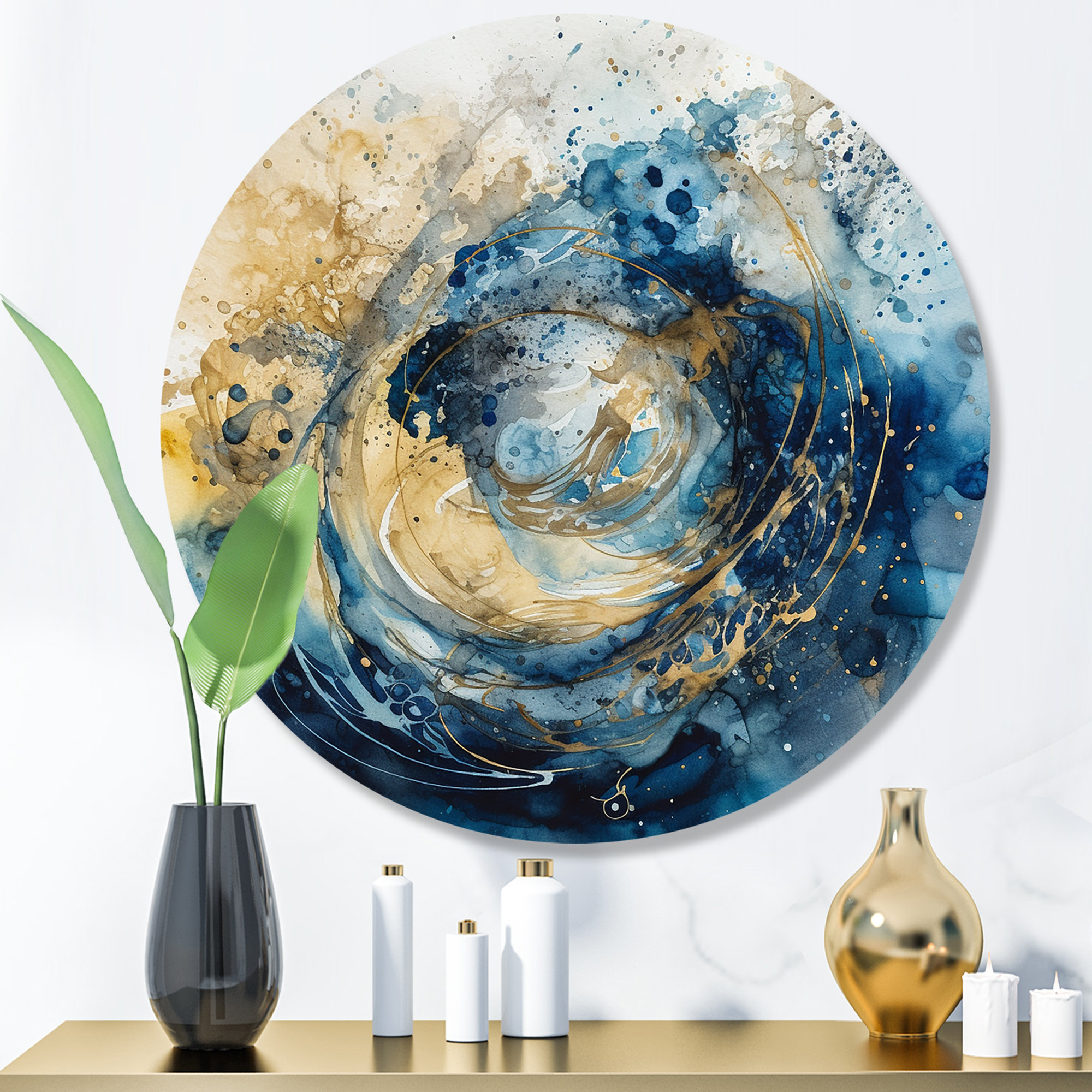 Ivy Bronx Blue Captivating Liquid Ink III - Abstract Marble Round Metal ...