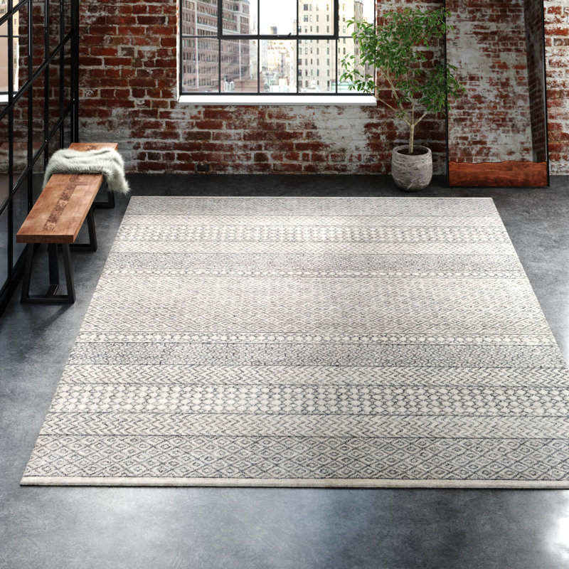 Tapis en laine beige, ivoire et gris anthracite touffeté à la main Abdera, Rectangle de 10 pi x 14 pi