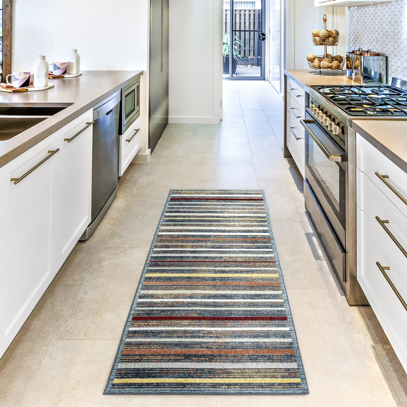Tapis blanc / bleu / brun Pimm, Tapis de couloir 2 pi 2 po x 7 pi 2 po
