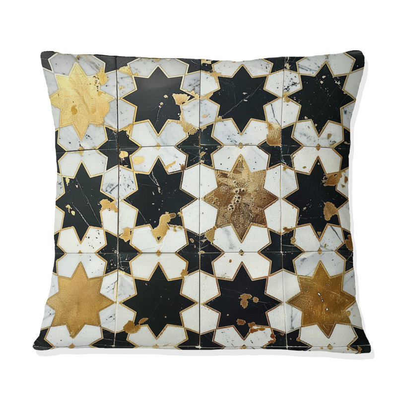 Coussin décoratif à carreaux marocains noirs et or II, H 16 po x l 16 po