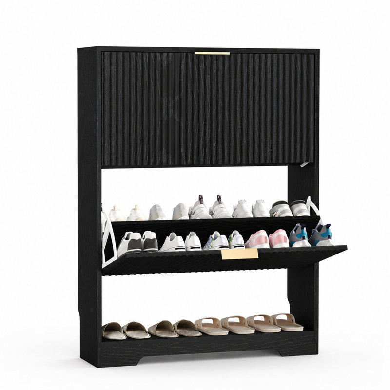 16 Pair Shoe Storage Cabinet, 16 cm H x 46 cm W x 113 cm D, Black