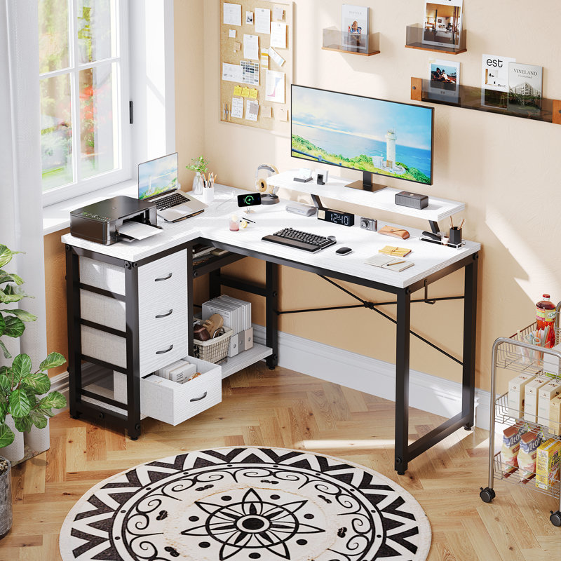 L-Shaped Metal Base Computer Desk, White