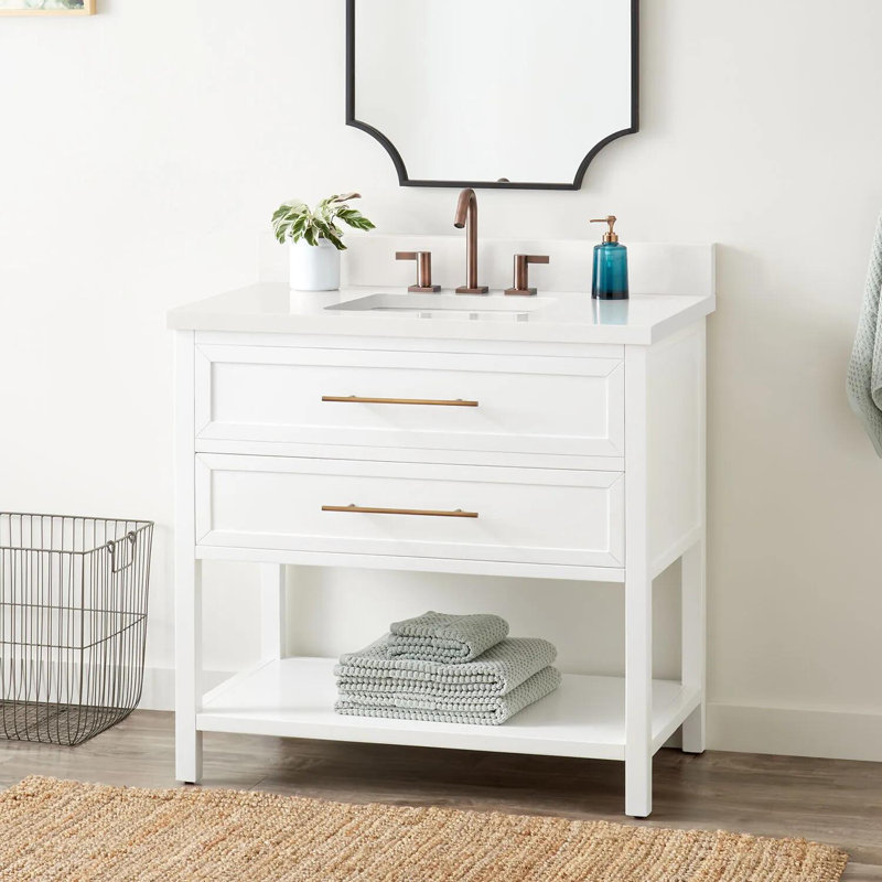 36" Robertson Single Bathroom Vanity Set with Rectangle Undermount Sink, Arctic White Quartz, 8" Widespread, White