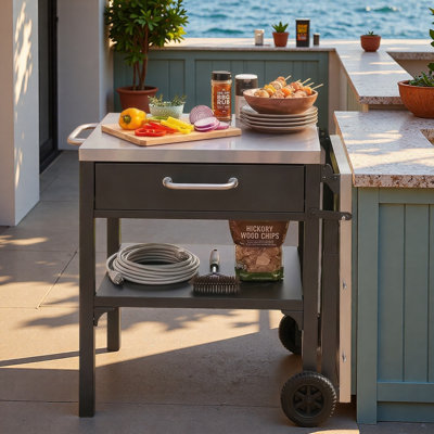 Chariot pour îlot de cuisine pour l'extérieur avec table d'appoint pliable, plan de travail en acier inoxydable, espace de rangement ouvert et crochets en métal
