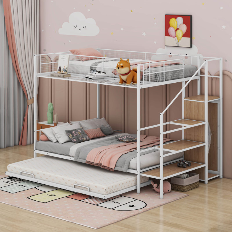 Lit superposé simple au-dessus d'un lit double en métal avec échelle de rangement et armoire latérale, Blanc