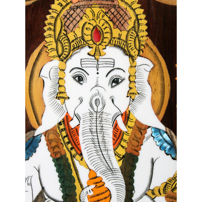 19 po Ganesha assis sur une couleur naturelle de lotus sur un panneau de bois avec incrustations - Art mural décoratif traditionnel indien traditionnel