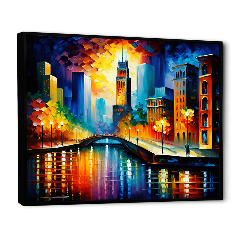 «Colorful Chicago Downtown», art mural sur toile Cityscapes, H 16 po x l 32 po x P 1 po, Cadre flottant noir