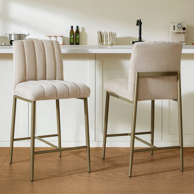 Ensemble de 2 tabourets de bar confortables et rembourrés de 26 po d'épaisseur avec dossier, tabourets de comptoir en lin avec pieds en métal pour îlot de cuisine, kaki
