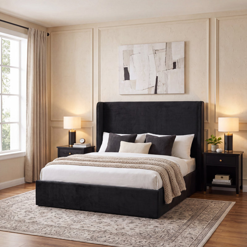 Carmen Upholstered Wingback Bed, King, Black Velvet