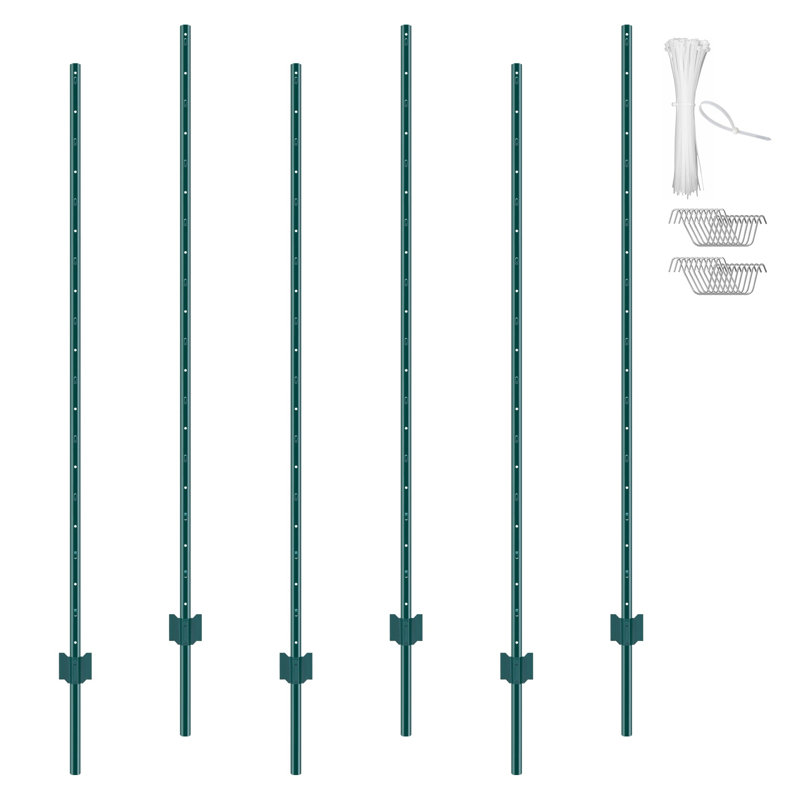 Paquet de 6 poteaux de clôture en U robustes en métal - 6 piquets de jardin en acier vert avec plaques d'ancrage et quincaillerie