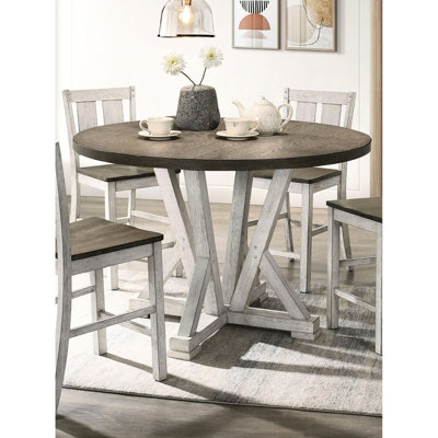 Table de salle à manger à hauteur de comptoir 5 pièces, blanc antique rustique et brun cendré, bois massif avec table en bois - 4 chaises brunes