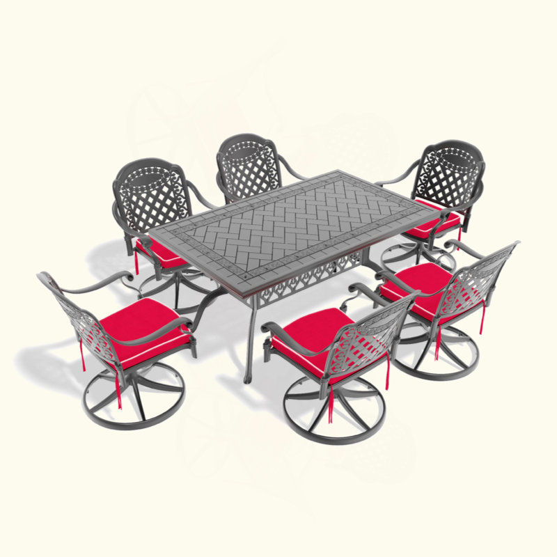 Cet ensemble de salle à manger en fonte d'aluminium toutes saisons comprend des chaises pivotantes et une table rectangulaire avec cadre noir