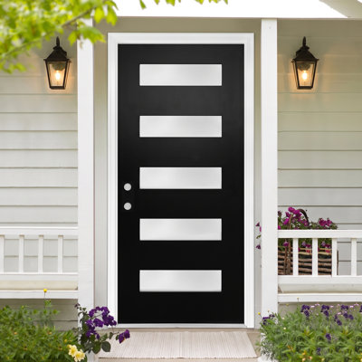 Rylan 36" x 80" Fiberglass Entry Door Slab, Black Brushed‑Smooth Finish, 5‑Lite Horizontal Frosted Triplex Glass