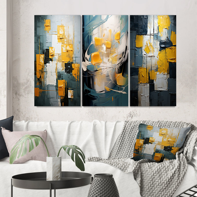 Sudden Happiness abstrait bleu sarcelle et jaune I - ensemble de 3 reproductions, Toile tendue, H 28 po x l 36 po