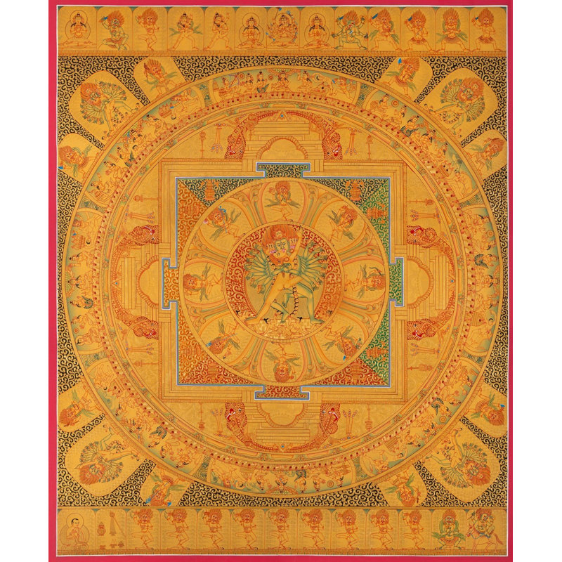 «Hey Vajra Mandala» (Thangka sans brocart) | Or 24 carats avec couleur acrylique sur toile de coton
