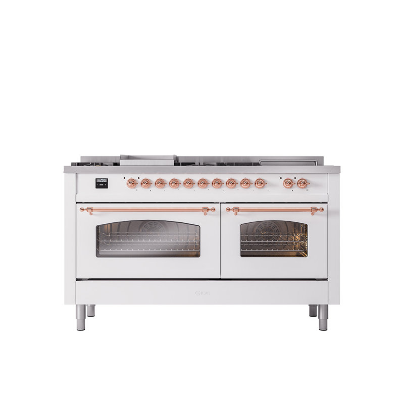 ILVE Nostalgie II 60 Dual Fuel Range, 5 Burners, Griddle, Frenchtop , Liquid Propane, White/Copper