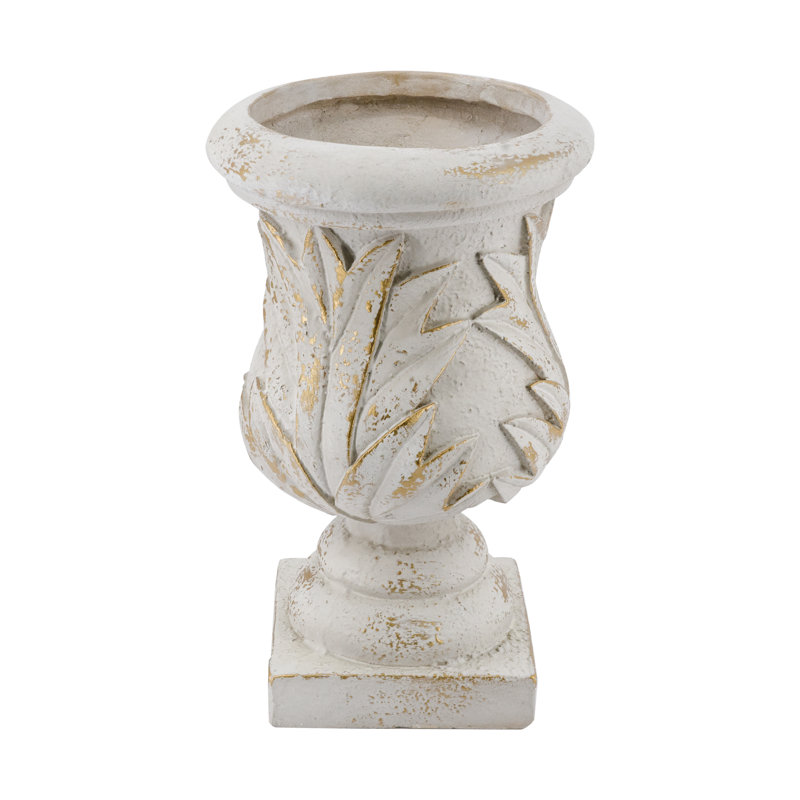 10X10x15.5" Ornate Magnesium Urn Planter With Antique White Finish And Carved Leaf Details