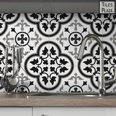 Grey Patterned Vintage Self-Adhesive Wall Tile Sticker For Kitchen, Bathroom, Fireplace, Stairs - 10 Sheets
