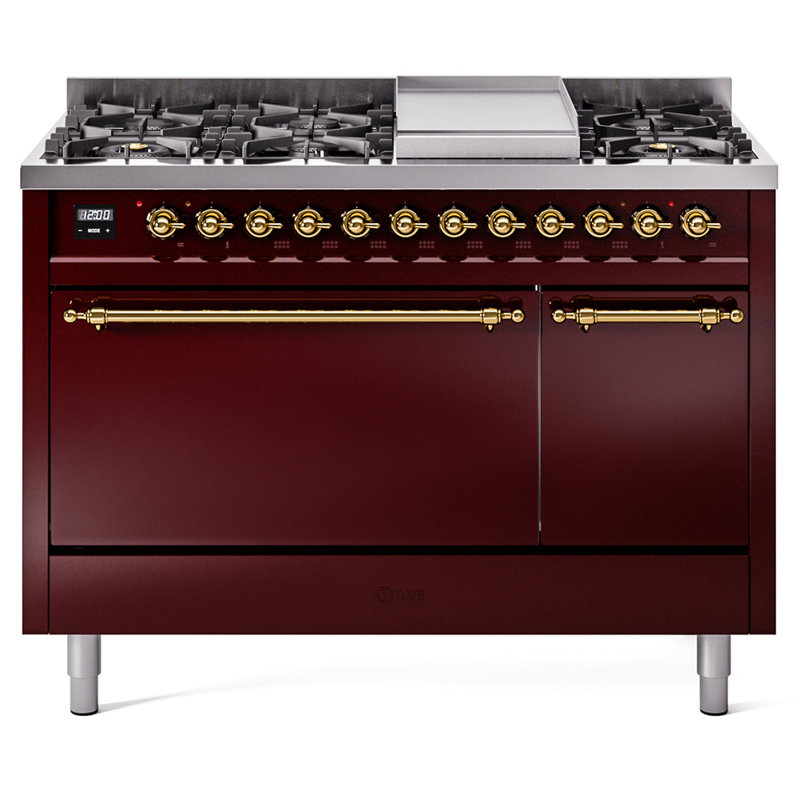 ILVE Nostalgie II 48 in Dual Fuel Range, 8 Burner, Griddle, Burgundy/Brass, Liquid Propane