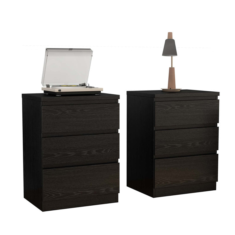 Ensemble de 2 tables de chevet en bois avec 3 tiroirs, Noir, Set of 2