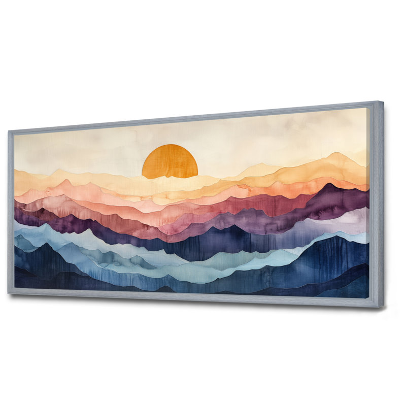 «Beige Blue Abstract Sunset Peaks», reproduction sur toile encadrée moderne, art mural grand nature, H 16 po x l 32 po