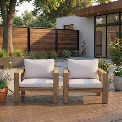 Ensemble de chaises d'extérieur Deux fauteuils d'appoint Élégants fauteuils d'extérieur Ensemble de conversation pour 2 personnes avec coussins pour le jardin, la cour, le balcon, le bord de la piscine, le teck clair et le coussin beige