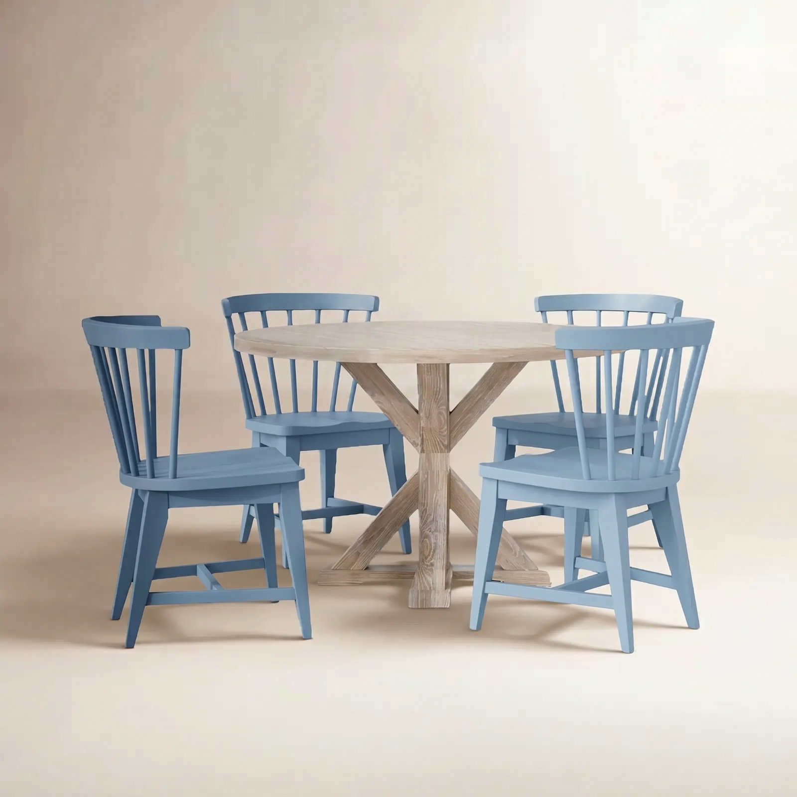 Lana Round Dining Table Set With Blue Wooden Side Chairs