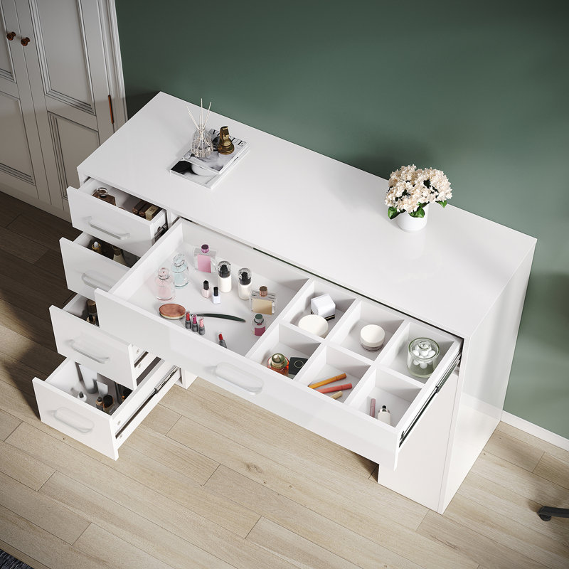 Full High Gloss Top Dressing Table with Grid Drawers, White