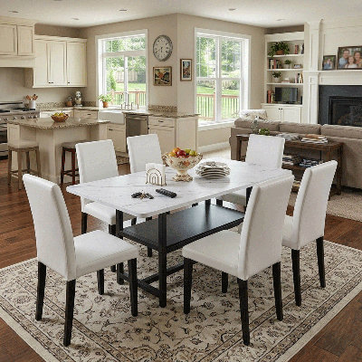 Rectangular Dining Table Set for 6, 71" Farmhouse Dining Table Set with 6 Upholstered Chairs and Storage Shelf, Marble-Look Tabletop with Black Metal