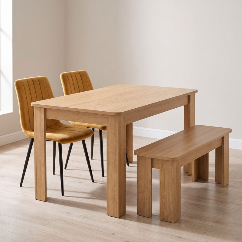 Dining Set with Oak Effect Table, 2 Brown Velvet Chairs and Oak Effect Bench 4 Seater