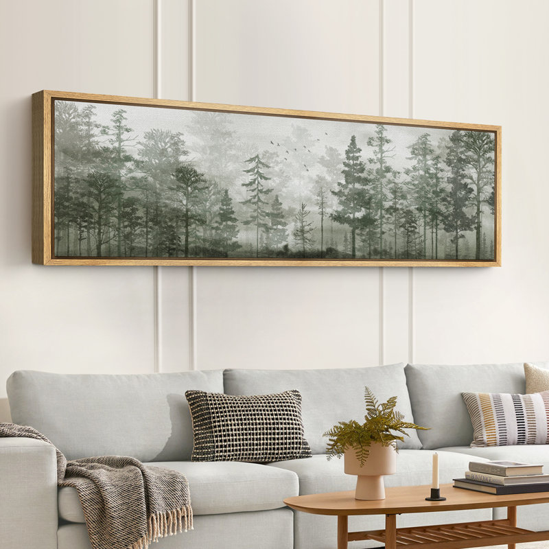 Abstract Green Forest Trees Relax Calm Artwork Extra Large Framed Wall Art Oversized Canvas Print, 20" H x 60" W, Natural