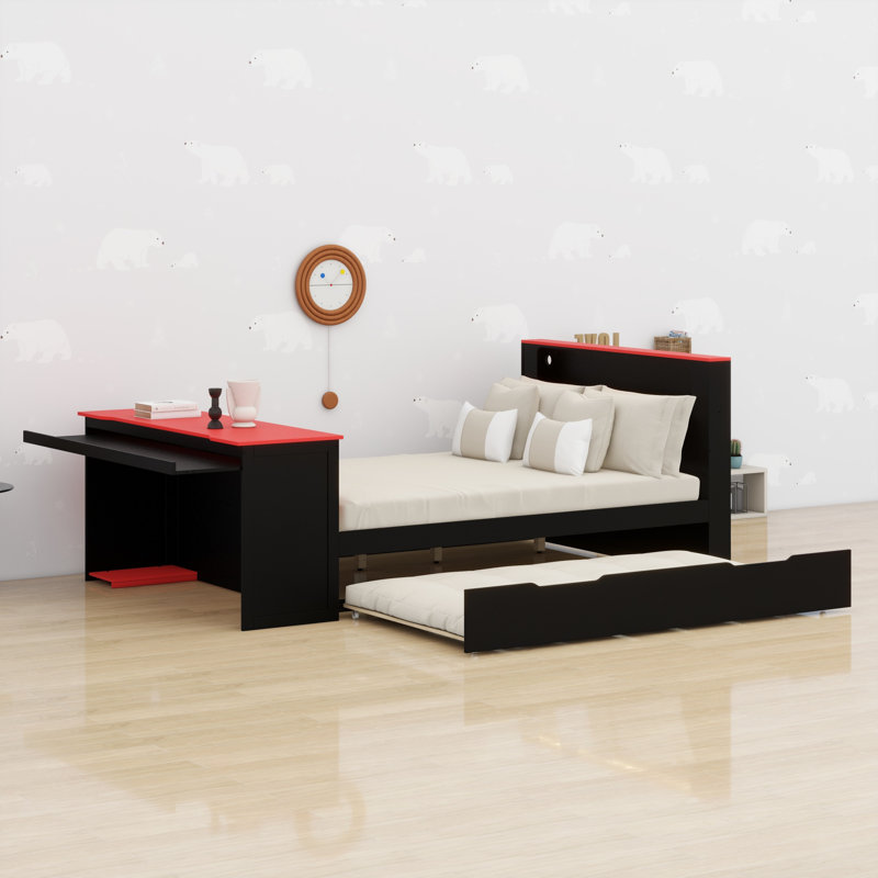 All-in-One Wood Daybed with Trundle, Desk, LED Light & USB Charging, Black+Red