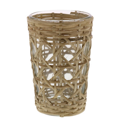 Petit porte-votive en verre tissage canne