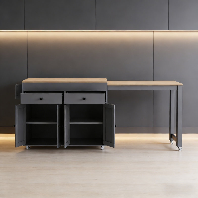 74.5 Inch Kitchen Island With Extendable Dining Table Kitchen Storage Cart with 4 Door Cabinet, Gray