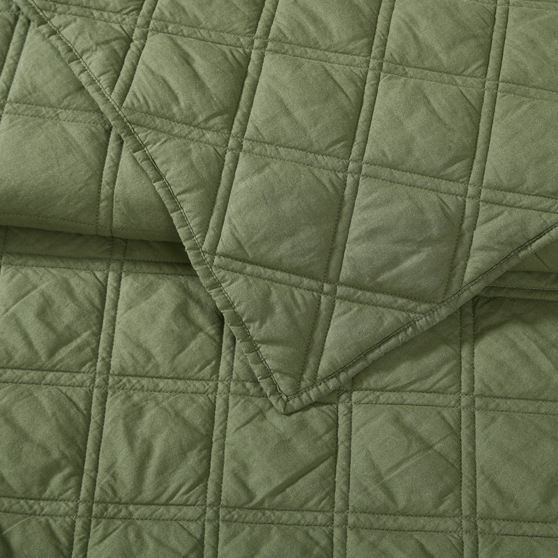 Brooklyn Loom Diamond Washed Cotton Quilt Set, Green, Twin Extra Long Quilt  + 1 Sham