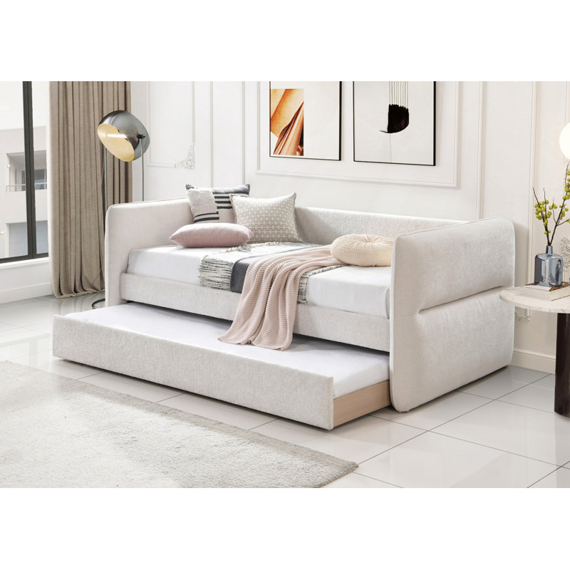 1Pc Daybed Pull Out Trundle Button Tufted Nailhead Trim Bedroom Living Room Furniture, Oatmeal