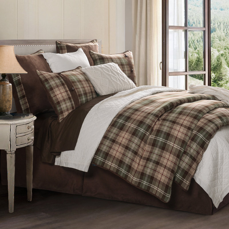 Twin Brown Cotton Plaid Comforter Set with Textured Accents