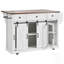 Îlot de cuisine de ferme polyvalent avec rangement, porte de grange coulissante, côté grille métallique et abattant, parfait pour les cuisines modernes et rustiques.