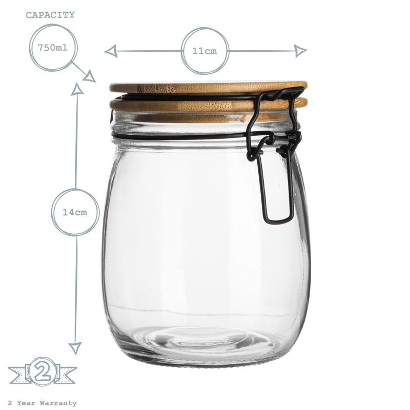 Argon Tableware - Wooden Clip Lid Storage Jars - White Seal - Set of 6, 14cm H x 11cm W x 13cm D