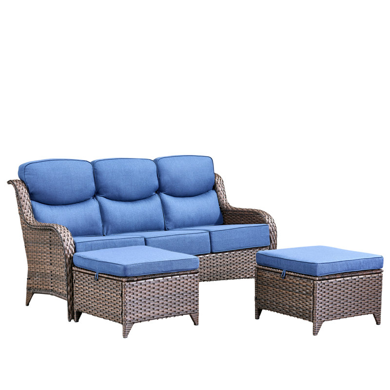 3 Pieces Patio Furniture Set, Outdoor PE Wicker High Back 73“ Couch & 2 Rattan Ottomans, All Weather Patio Set With Waterproof Cushion For Porch, Backyard And Deck