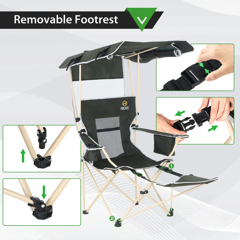 Portable Camping Chair with Canopy, Removable Footrest, Cooler Bag, and Cup Holder for Beach, Fishing, Sports, and Relaxation (1 Pack)