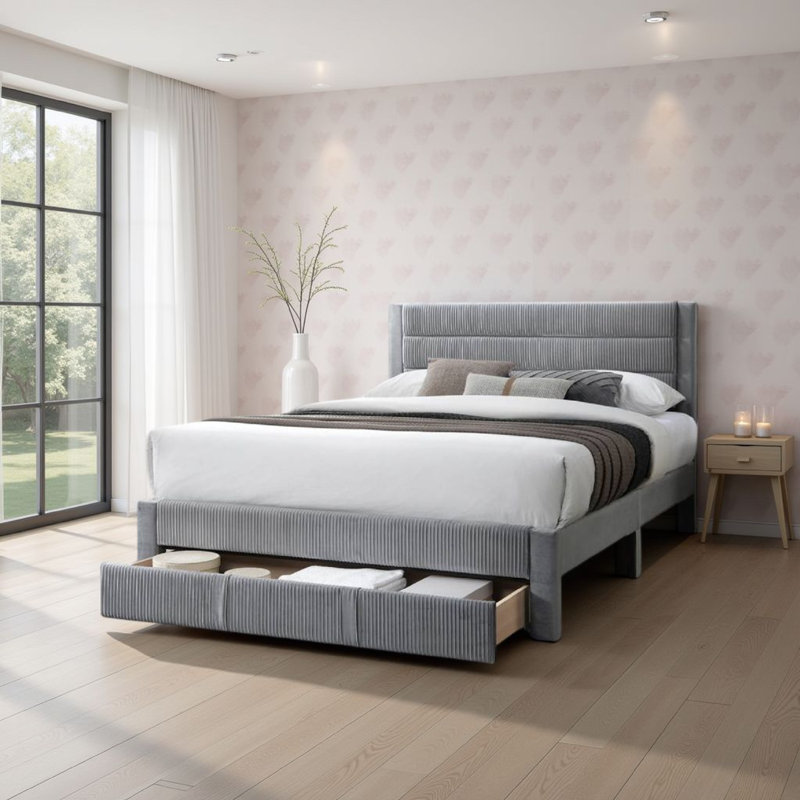 Grand lit Heo avec tiroir de rangement, revêtement en velours côtelé, Gris clair