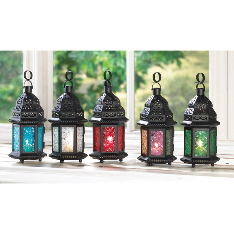 Green Glass Moroccan Lantern | Hanging Exotic Candle Lamp, Black/Green