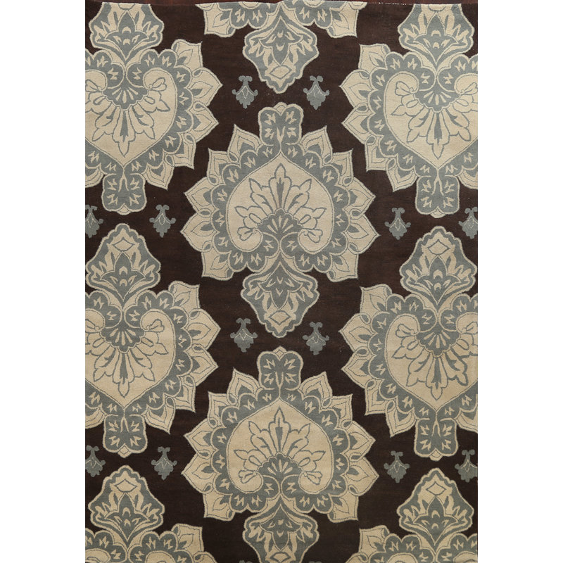 Tapis brun / ivoire en laine touffeté à la main à motif floral Ginevra