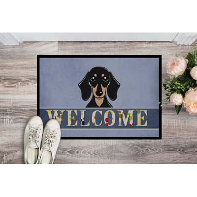 Tapis d’extérieur anti-dérapant en noir et brun clair teckel welcome