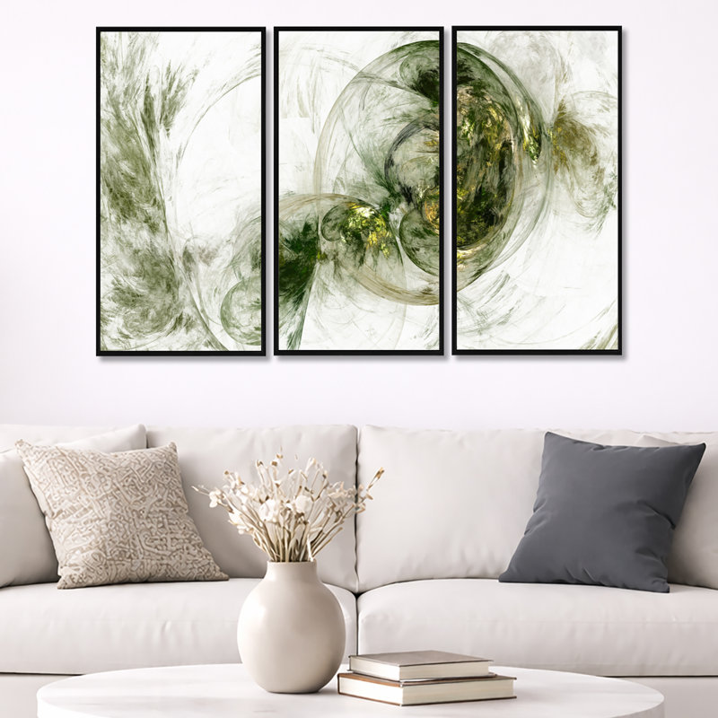 Coloured Smoke Green - ensemble de 3 reproductions d'art encadrées abstraites sur toile, Noir, H 32 po x l 48 po