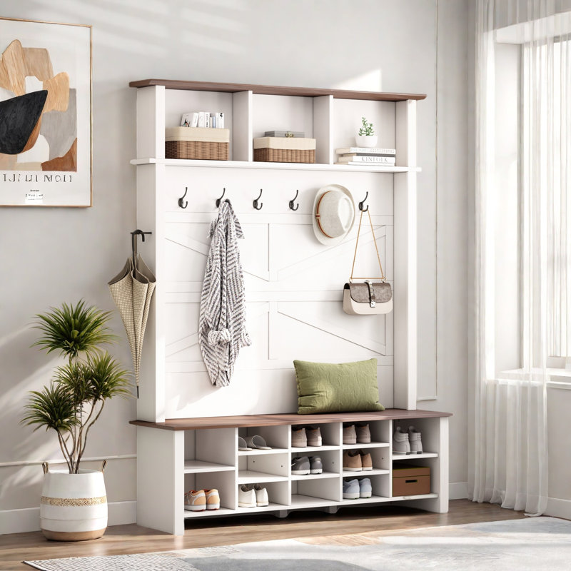 Farmhouse 4-in-1 Hall Tree With 6 Hooks, Entryway Bench With Adjustable Shelves, 16 Open Compartments And A Side Umbrella Rack
