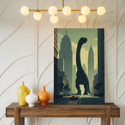 Toile, dinosaure Godzilla dans une ville futuriste, créature géante et paysage urbain, prête à être accrochée